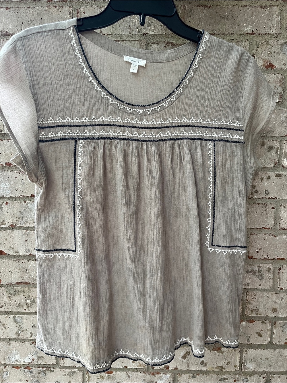 Taupe Greige Embroidered Short Sleeve Boho Peasant Top Sz Small
